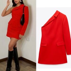 Zara Red One-Shoulder Long Sleeve Dress